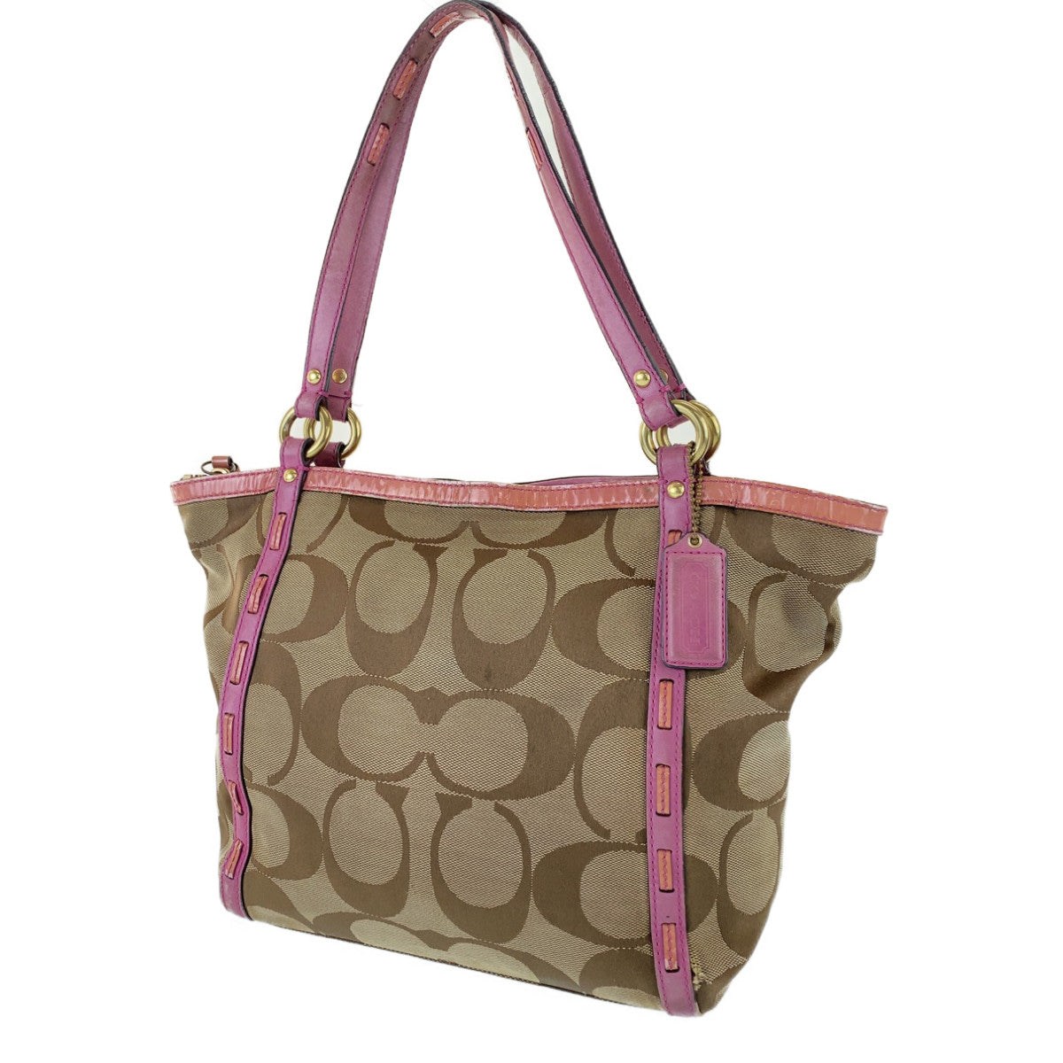 12759
COACH コーチ シグネチャー ブラウン ピンク レザー / キャンバス トートバッグ ショルダーバッグ  レディース