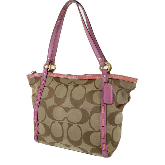 12759
COACH コーチ シグネチャー ブラウン ピンク レザー / キャンバス トートバッグ ショルダーバッグ  レディース