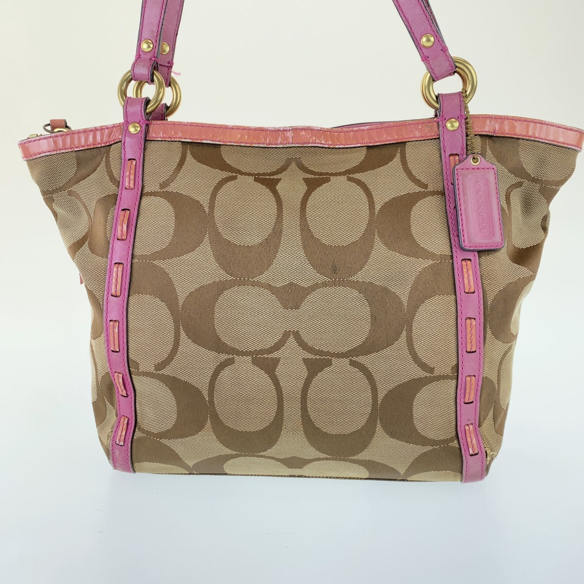12759
COACH コーチ シグネチャー ブラウン ピンク レザー / キャンバス トートバッグ ショルダーバッグ  レディース