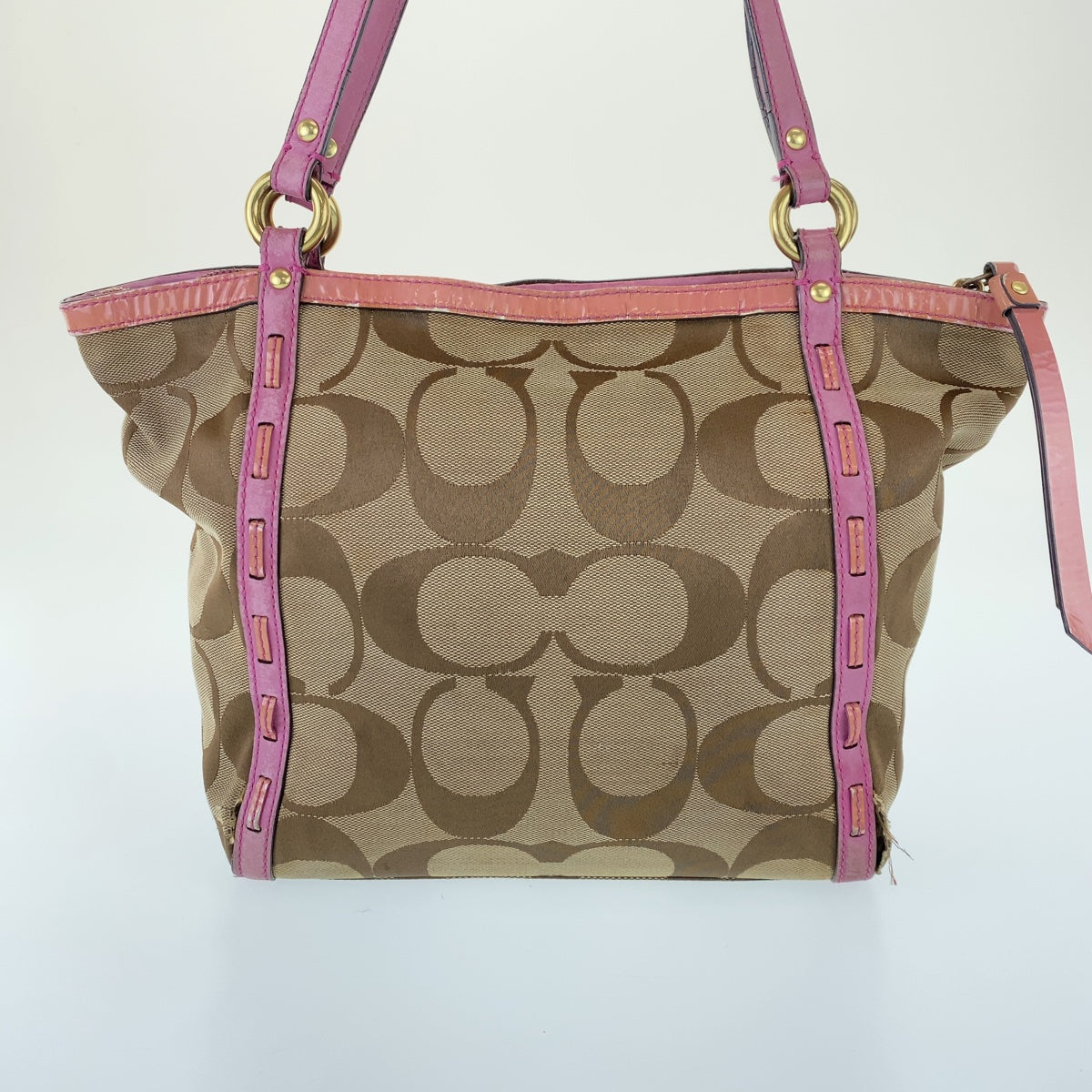 12759
COACH コーチ シグネチャー ブラウン ピンク レザー / キャンバス トートバッグ ショルダーバッグ  レディース