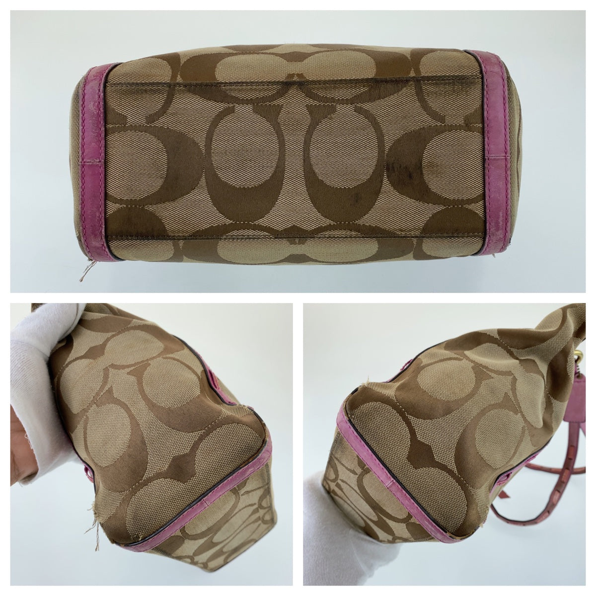 12759
COACH コーチ シグネチャー ブラウン ピンク レザー / キャンバス トートバッグ ショルダーバッグ  レディース