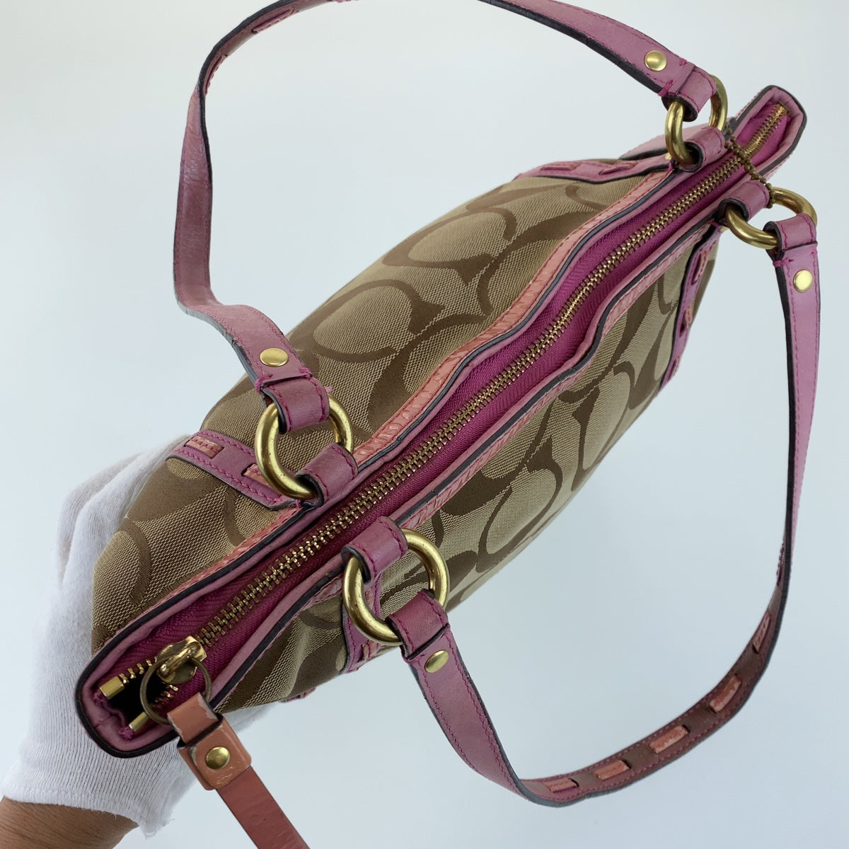12759
COACH コーチ シグネチャー ブラウン ピンク レザー / キャンバス トートバッグ ショルダーバッグ  レディース