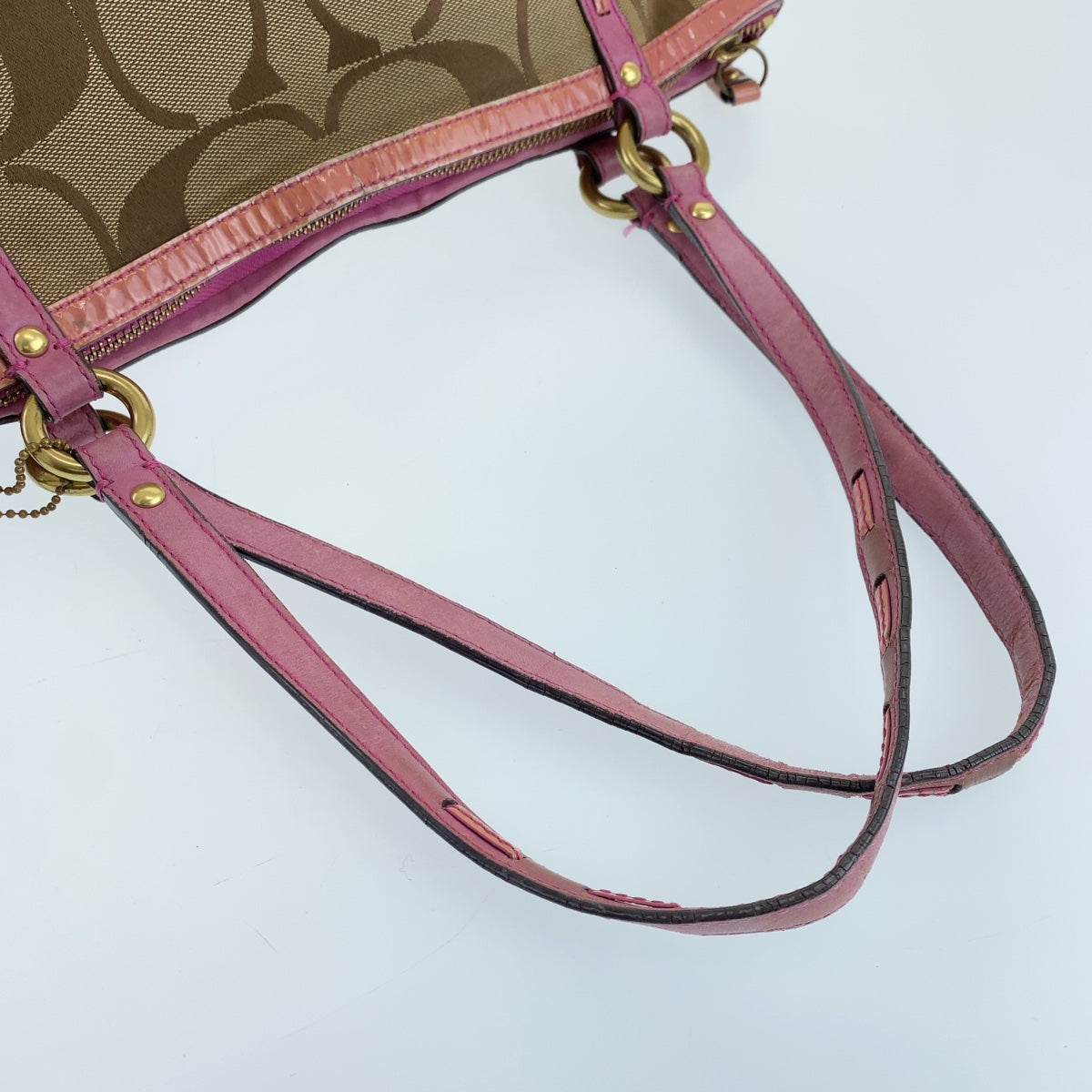 12759
COACH コーチ シグネチャー ブラウン ピンク レザー / キャンバス トートバッグ ショルダーバッグ  レディース
