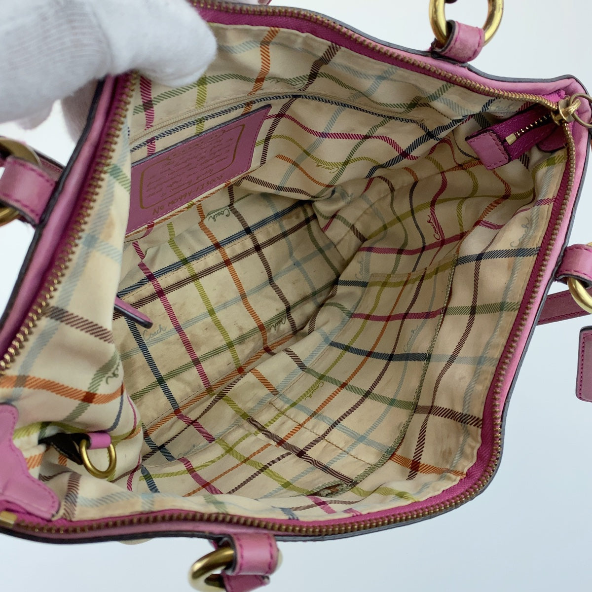 12759
COACH コーチ シグネチャー ブラウン ピンク レザー / キャンバス トートバッグ ショルダーバッグ  レディース