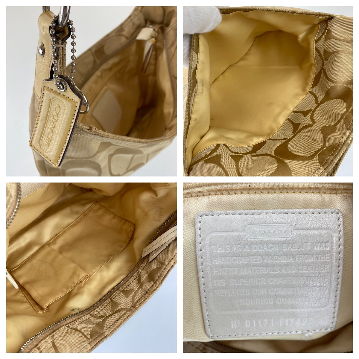 12761
COACH コーチ シグネチャー 斜め掛け調整可能 ベージュ キャンバス / パテントレザー D1171-F17490 ホーボー ショルダーバッグ  レディース AB5