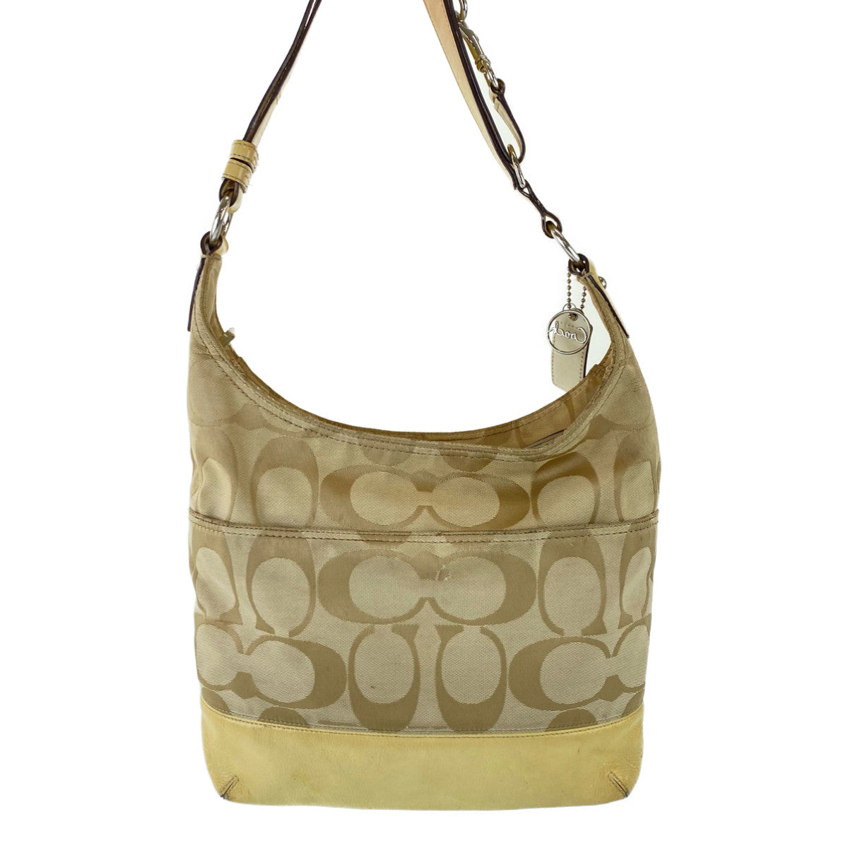 12761
COACH コーチ シグネチャー 斜め掛け調整可能 ベージュ キャンバス / パテントレザー D1171-F17490 ホーボー ショルダーバッグ  レディース AB5