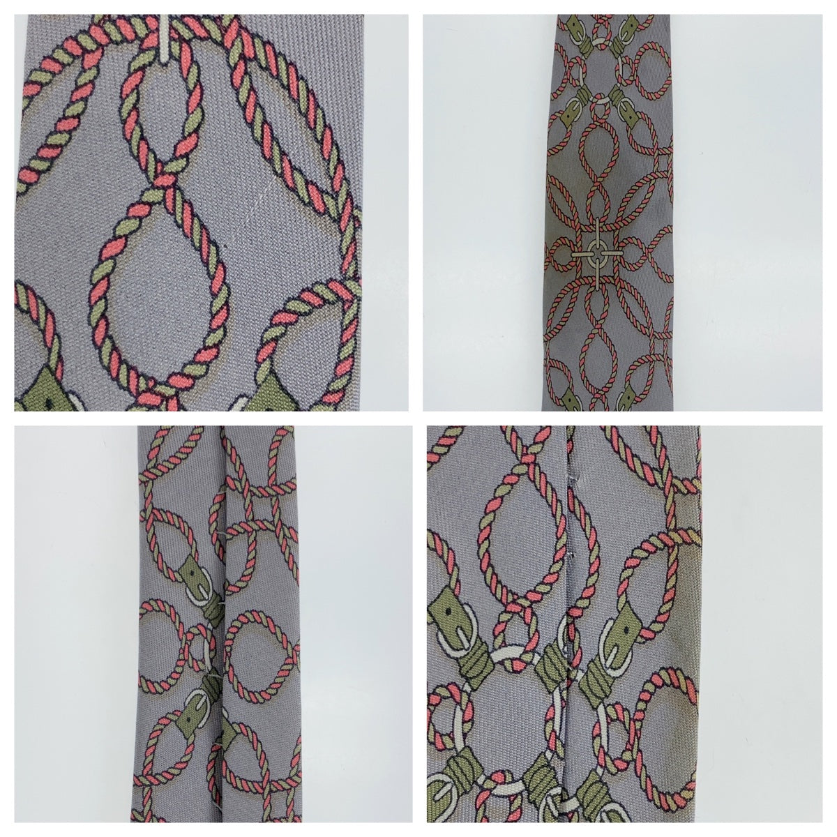 12721
HERMES エルメス 総柄 グレー ピンク マルチカラー シルク ネクタイ 剣先9cm メンズ AB5