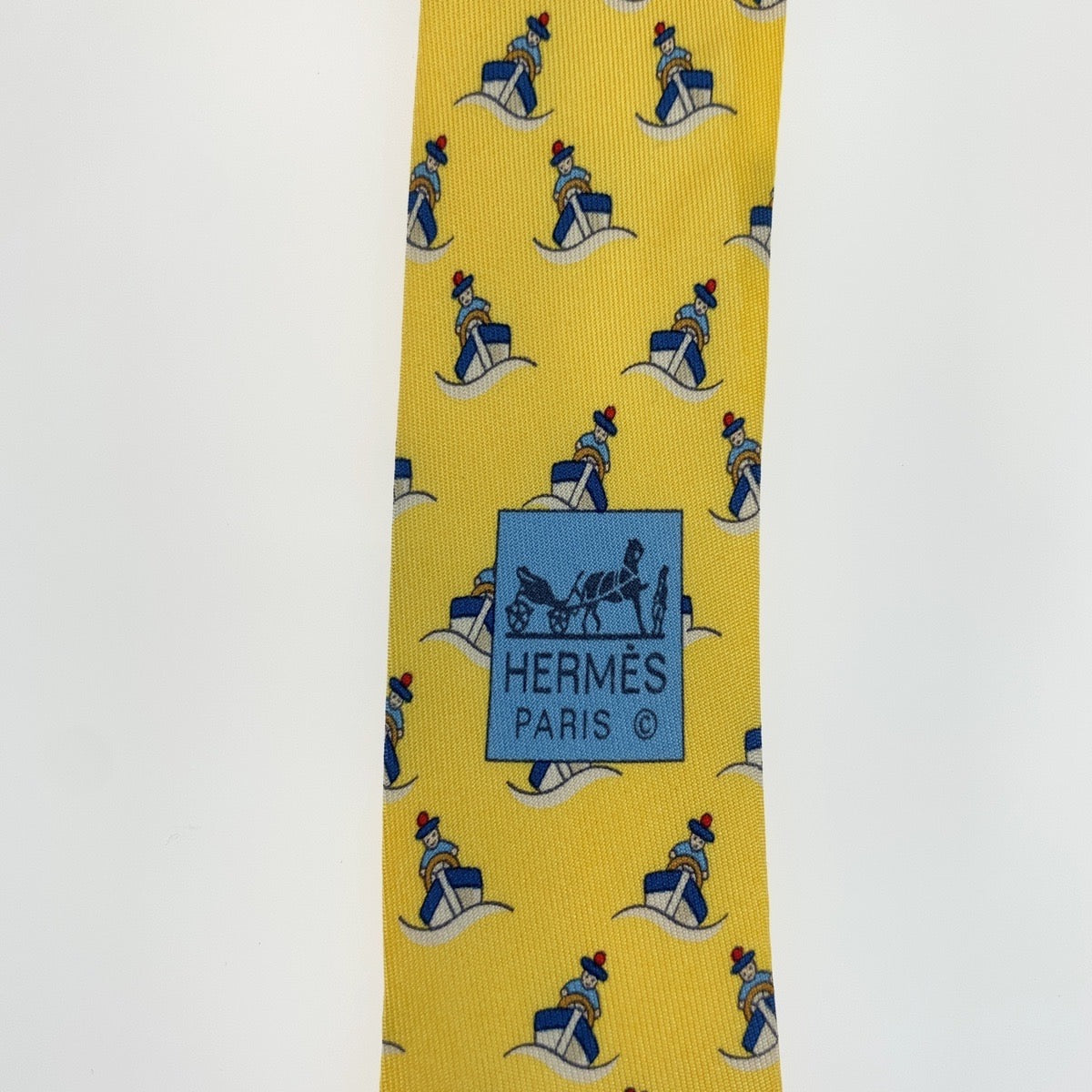 12747
 HERMES Ship Pattern Yellow Silk Tie for Men with 9cm Tip