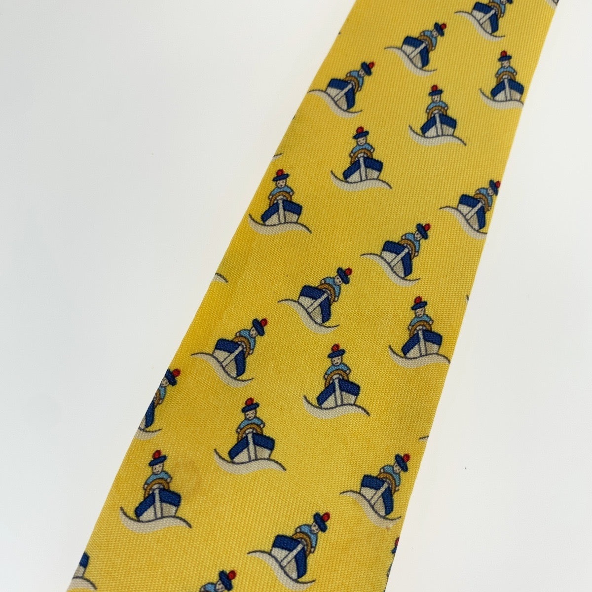 12747
 HERMES Ship Pattern Yellow Silk Tie for Men with 9cm Tip