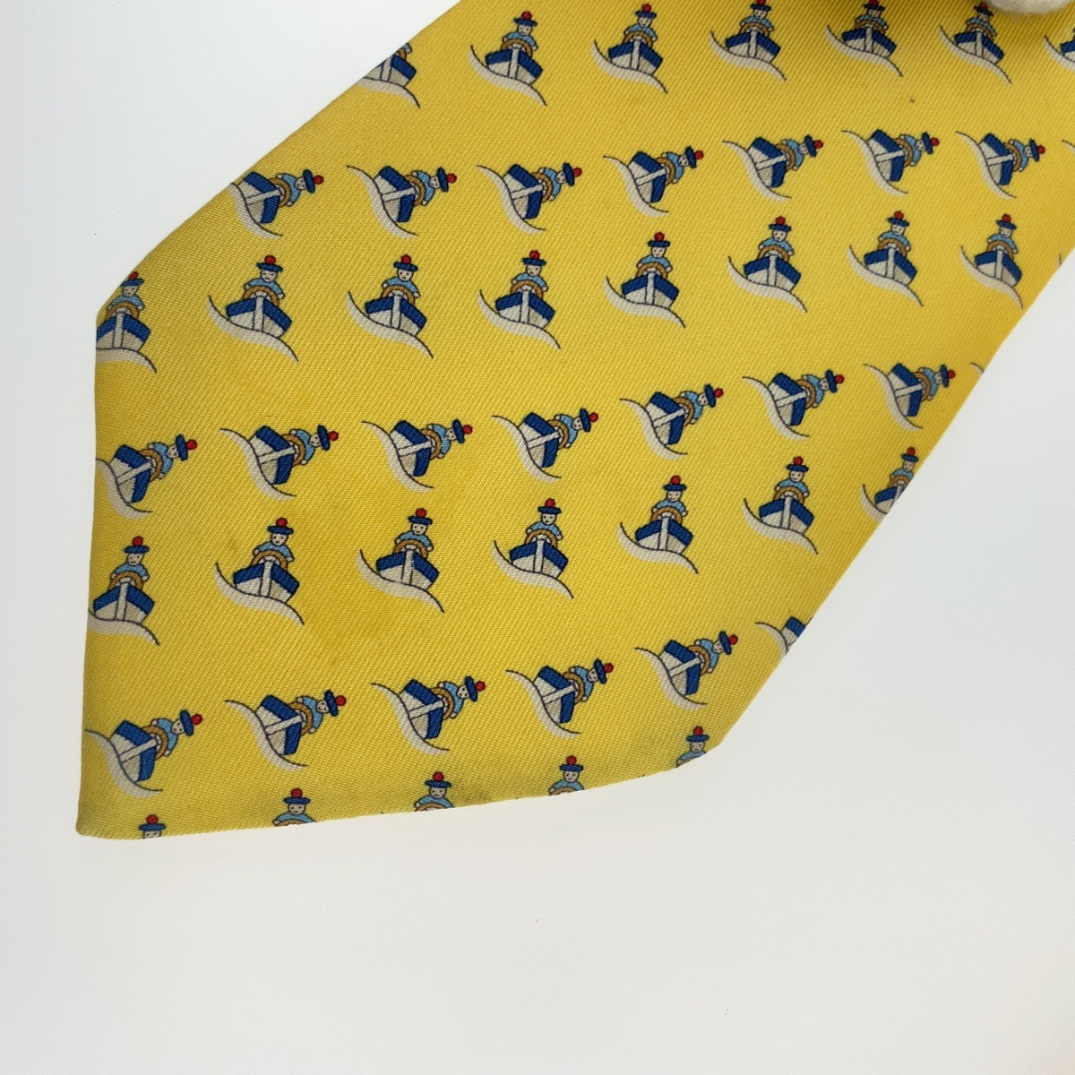 12747
 HERMES Ship Pattern Yellow Silk Tie for Men with 9cm Tip