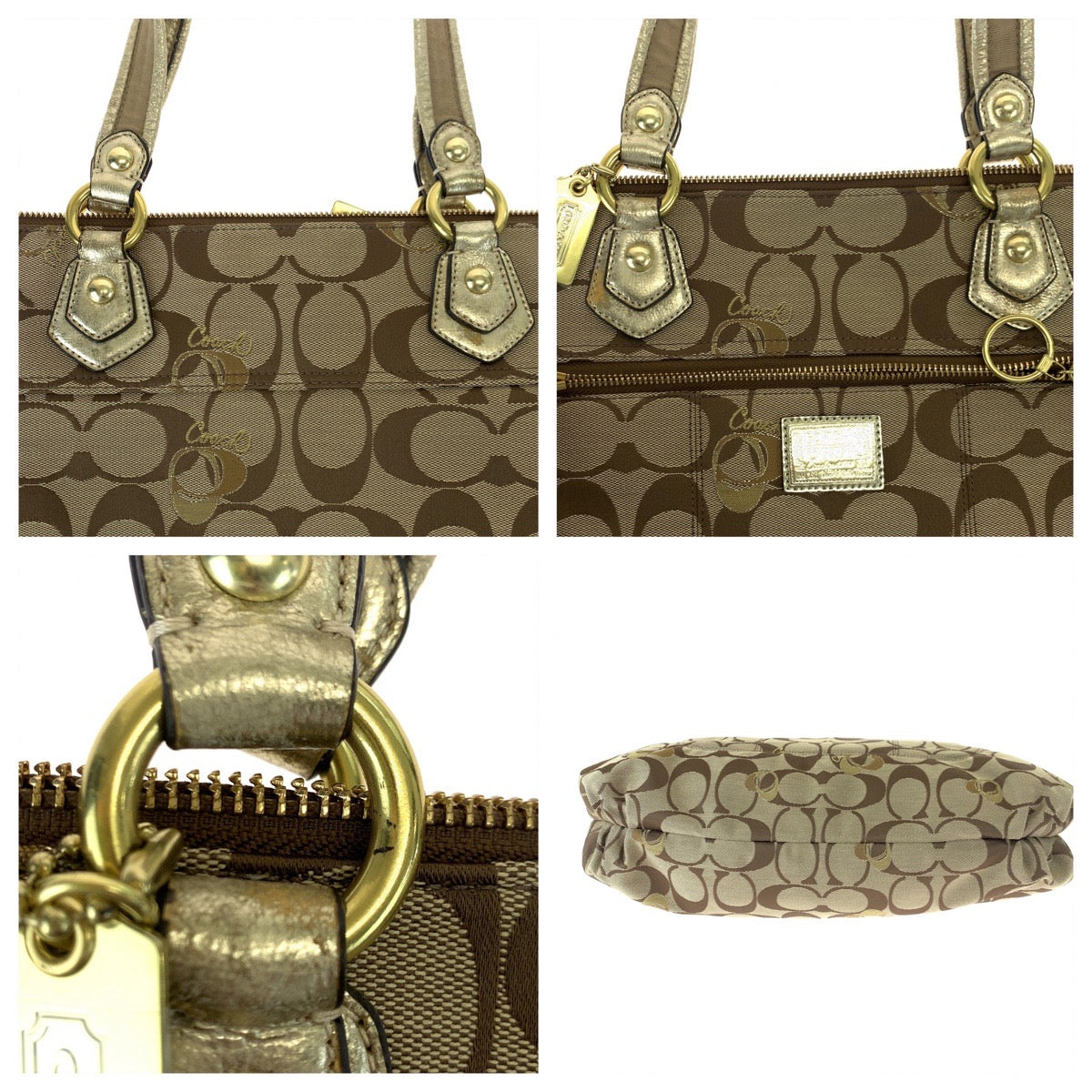 COACH コーチ シグネチャー ポピー ベージュ ブラウン 茶 ゴールド キャンバス F18711 トートバッグ ハンドバッグ  レディース