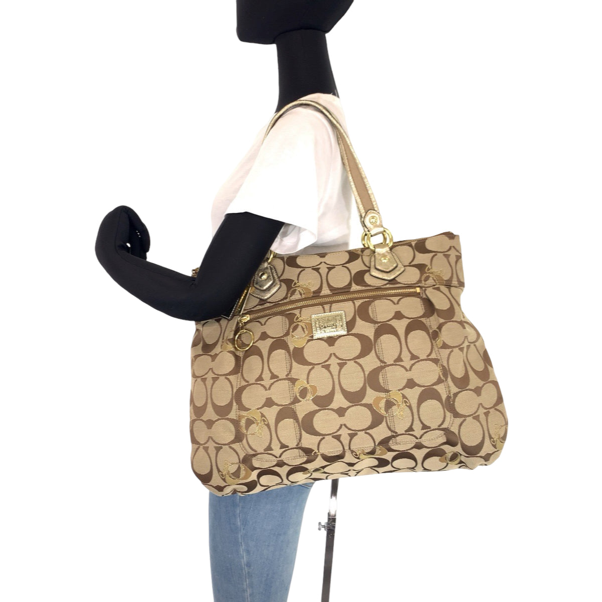 COACH コーチ シグネチャー ポピー ベージュ ブラウン 茶 ゴールド キャンバス F18711 トートバッグ ハンドバッグ  レディース