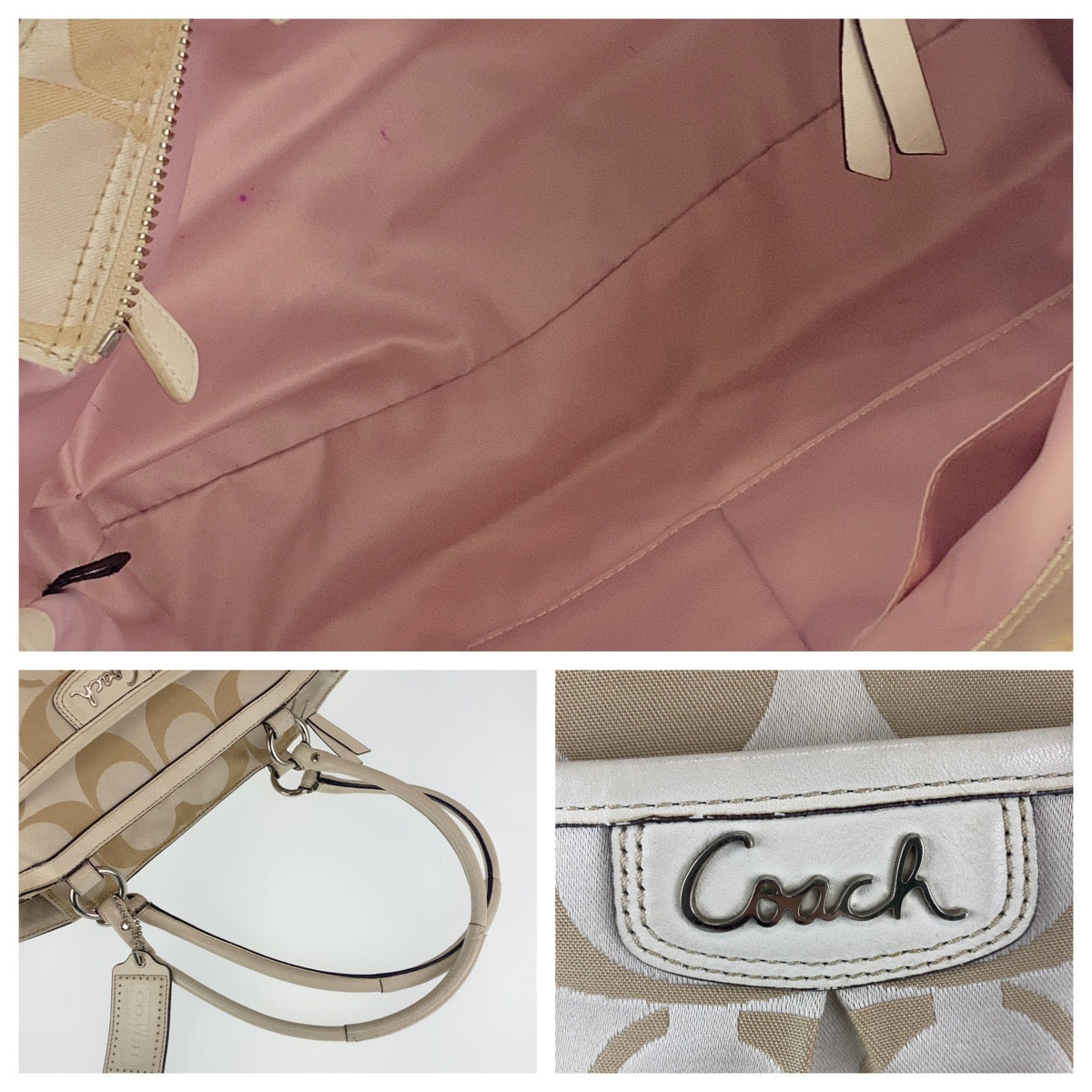 12736
COACH コーチ シグネチャー ベージュ ホワイト キャンバス / レザー トートバッグ ショルダーバッグ  レディース AB5
