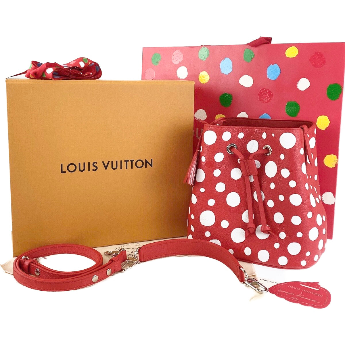 13629
 LOUIS VUITTON Louis Vuitton LV x YK NeoNoe BB Yayoi Kusama Japan Limited Edition Red Silver Hardware Leather M46413 2way Shoulder Bag Handbag Women's