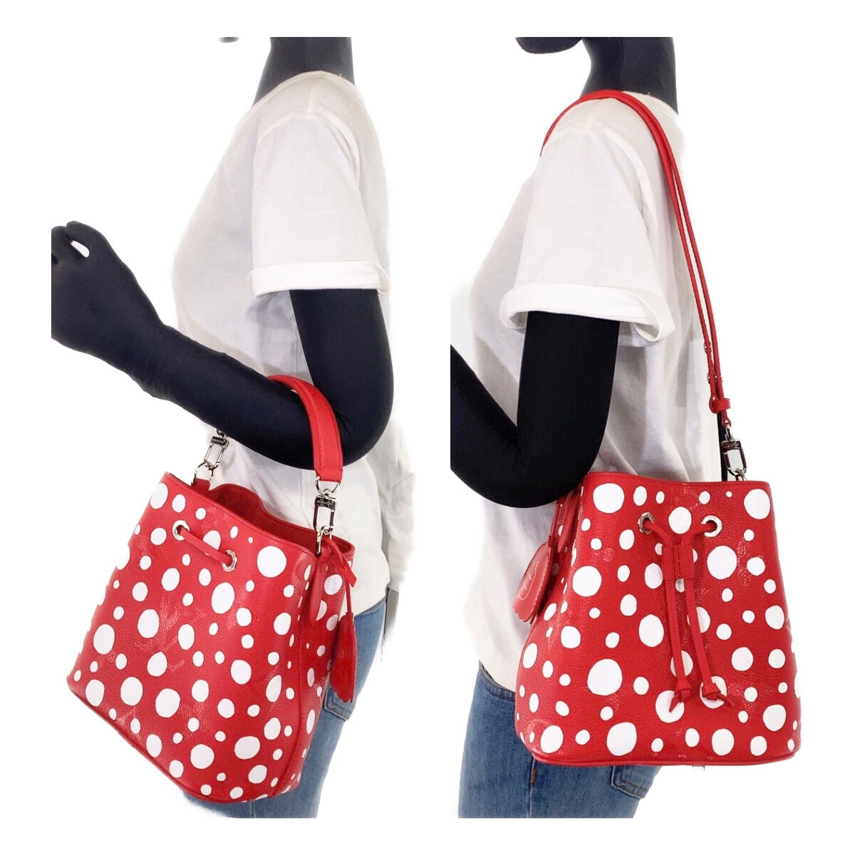 13629
 LOUIS VUITTON Louis Vuitton LV x YK NeoNoe BB Yayoi Kusama Japan Limited Edition Red Silver Hardware Leather M46413 2way Shoulder Bag Handbag Women's