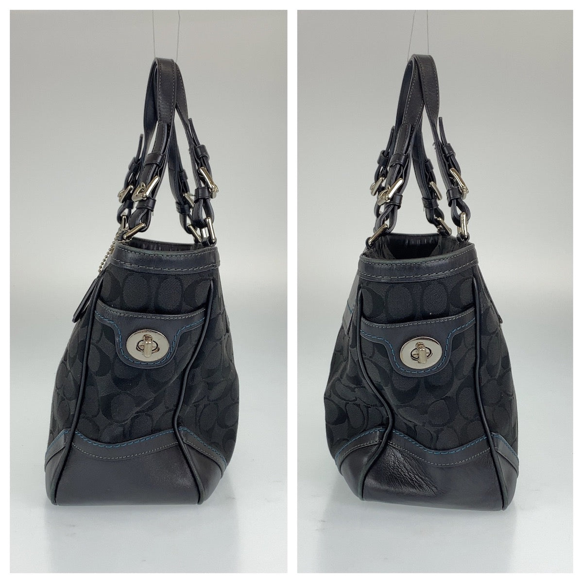 COACH コーチ シグネチャー ブラック シルバー キャンバス ハンドバッグ トートバッグ  レディース