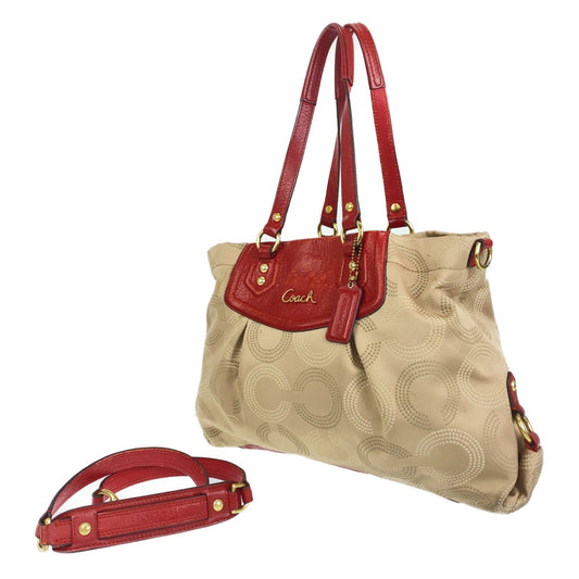 12728
COACH コーチ シグネチャー べージュ レッド ゴールド金具 キャンバス / レザー トートバッグ 2way ショルダーバッグ 斜め掛け可能  レディース