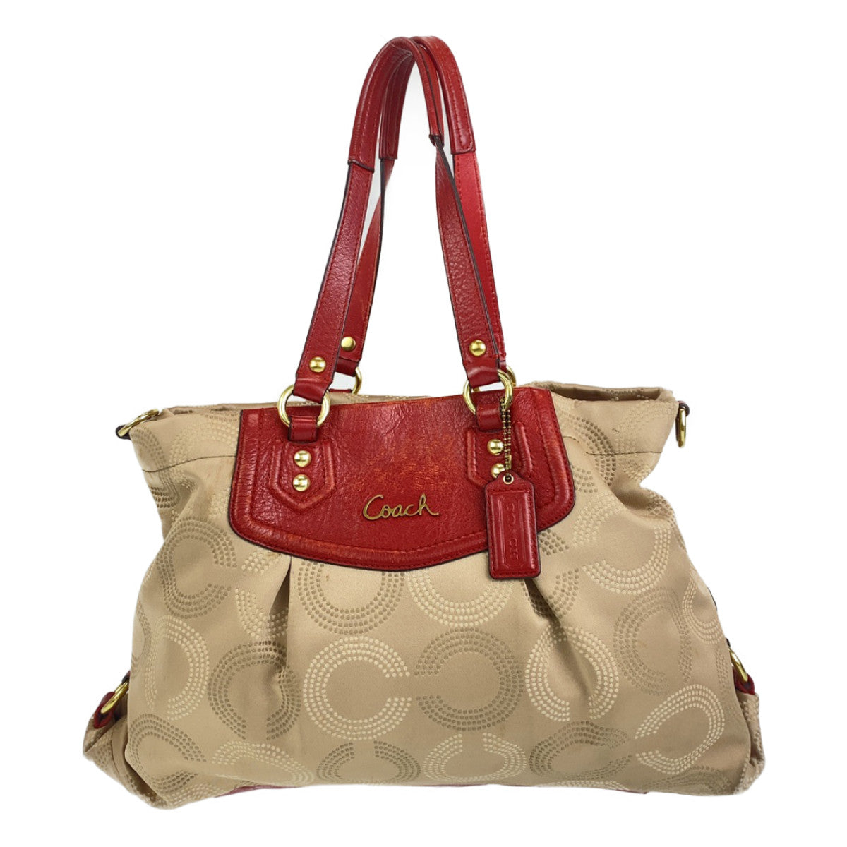 12728
COACH コーチ シグネチャー べージュ レッド ゴールド金具 キャンバス / レザー トートバッグ 2way ショルダーバッグ 斜め掛け可能  レディース