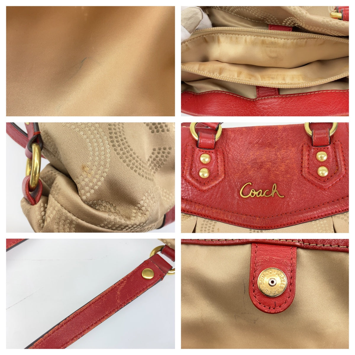 12728
COACH コーチ シグネチャー べージュ レッド ゴールド金具 キャンバス / レザー トートバッグ 2way ショルダーバッグ 斜め掛け可能  レディース