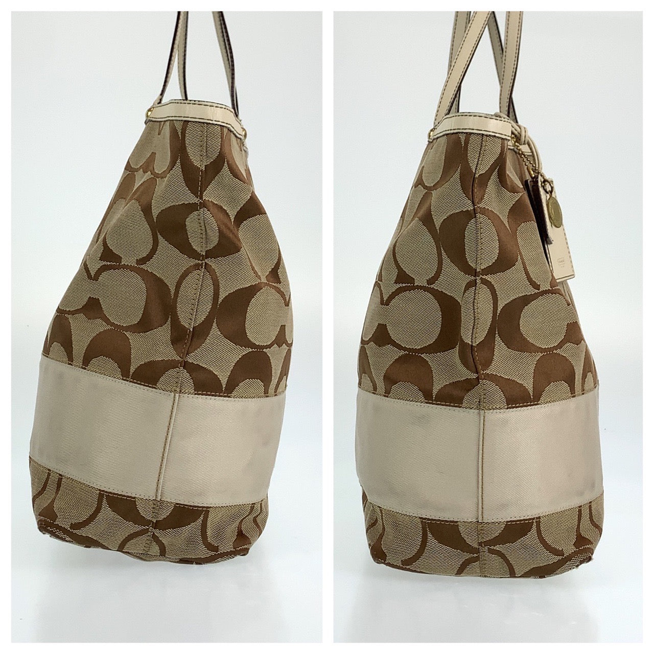 12725
COACH コーチ シグネチャー ブラウン ベージュ ホワイト レザー / キャンバス 10125 トートバッグ ショルダーバッグ レディース AB5