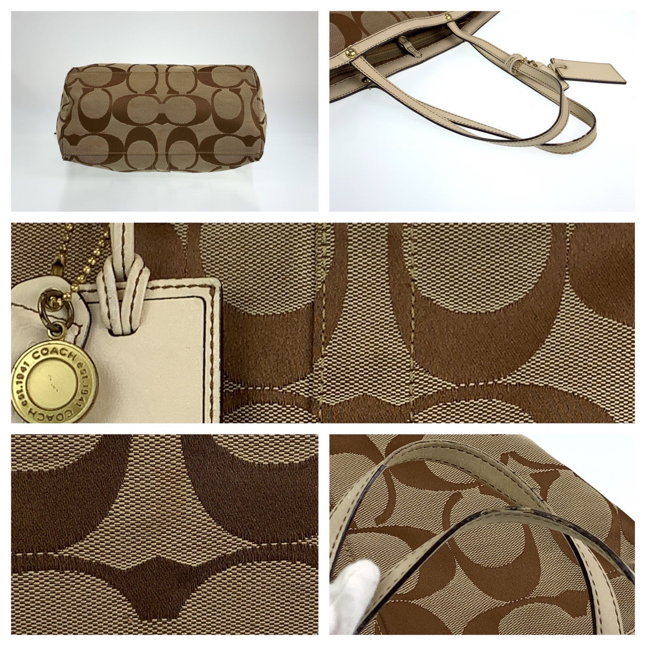 12725
COACH コーチ シグネチャー ブラウン ベージュ ホワイト レザー / キャンバス 10125 トートバッグ ショルダーバッグ レディース AB5