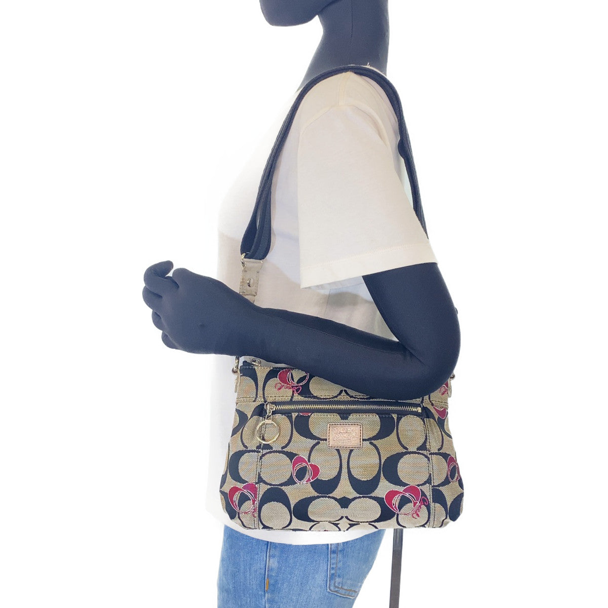 12724
COACH コーチ シグネチャー ブラック ピンク シルバー金具 キャンバス ショルダーバッグ ポシェット 斜め掛け可能  レディース AB5