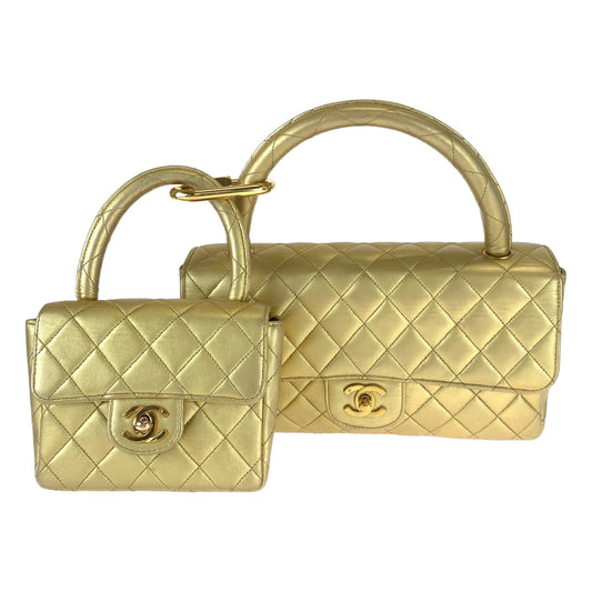 10027
 CHANEL Vintage Matelasse Parent-Child Bag Coco Mark Turnlock Carabiner Gold Lambskin Handbag Vanity Bag for Women