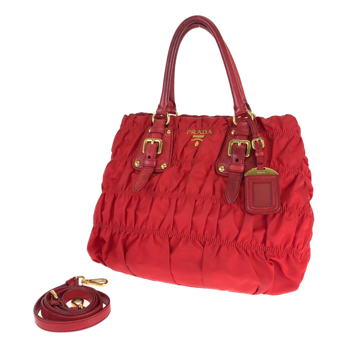 B-074
PRADA プラダ テスート ゴーフル ギャザー レッド 赤 ゴールド金具 ナイロン トートバッグ 2WAY ショルダーバッグ  レディース