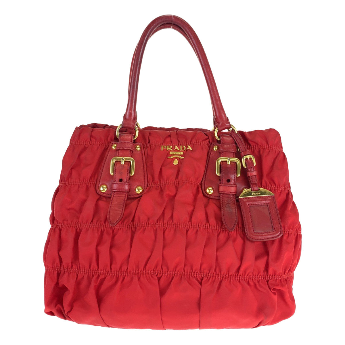 B-074
PRADA プラダ テスート ゴーフル ギャザー レッド 赤 ゴールド金具 ナイロン トートバッグ 2WAY ショルダーバッグ  レディース