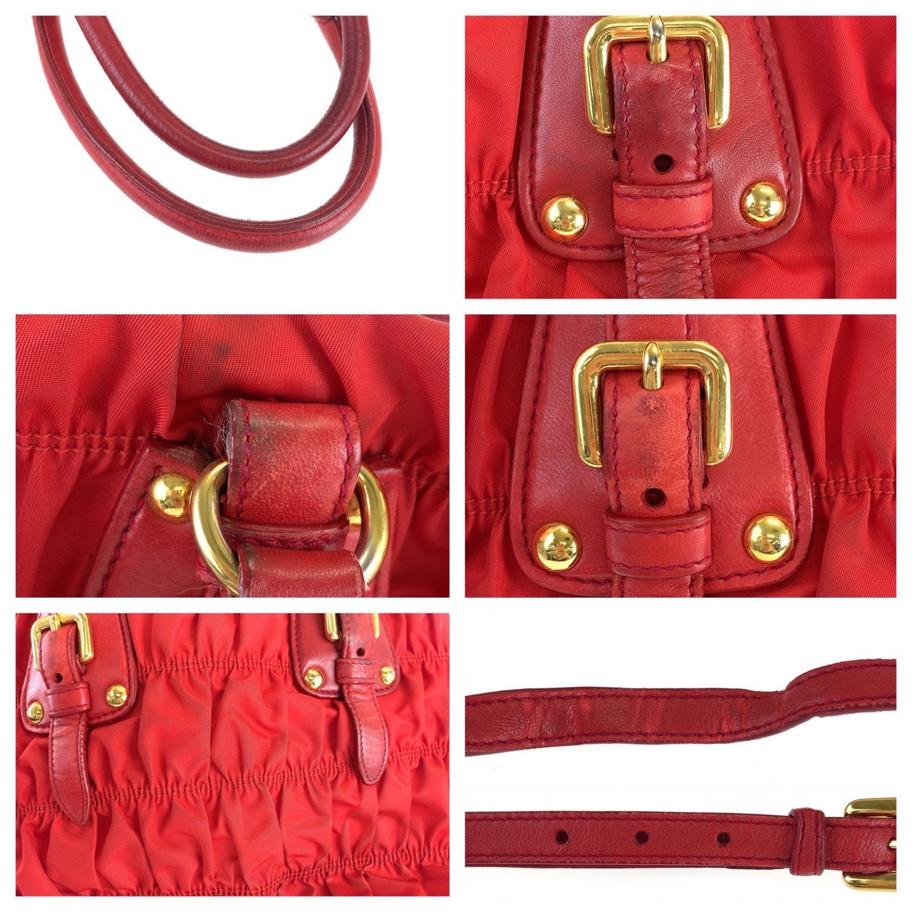 B-074
PRADA プラダ テスート ゴーフル ギャザー レッド 赤 ゴールド金具 ナイロン トートバッグ 2WAY ショルダーバッグ  レディース
