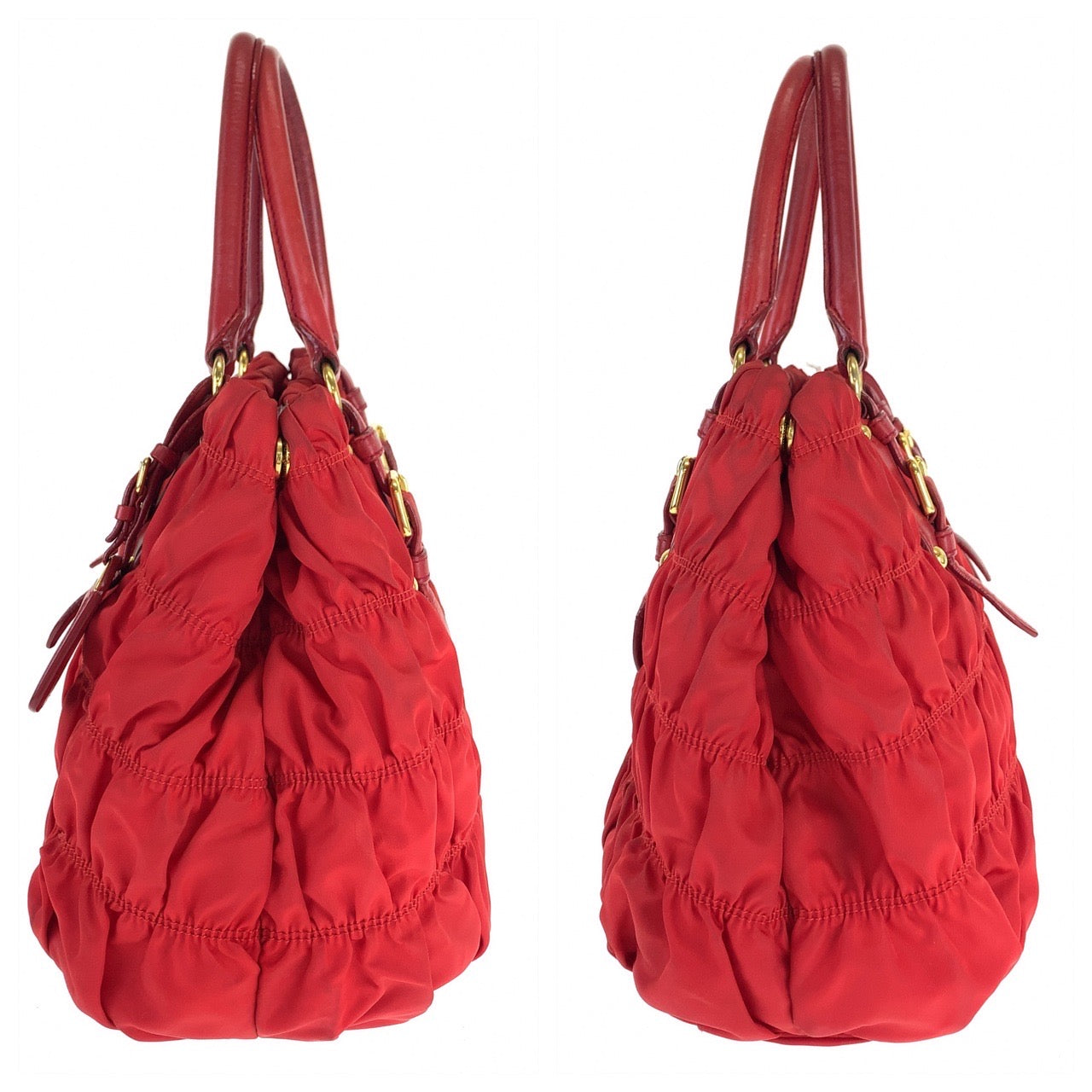 B-074
PRADA プラダ テスート ゴーフル ギャザー レッド 赤 ゴールド金具 ナイロン トートバッグ 2WAY ショルダーバッグ  レディース