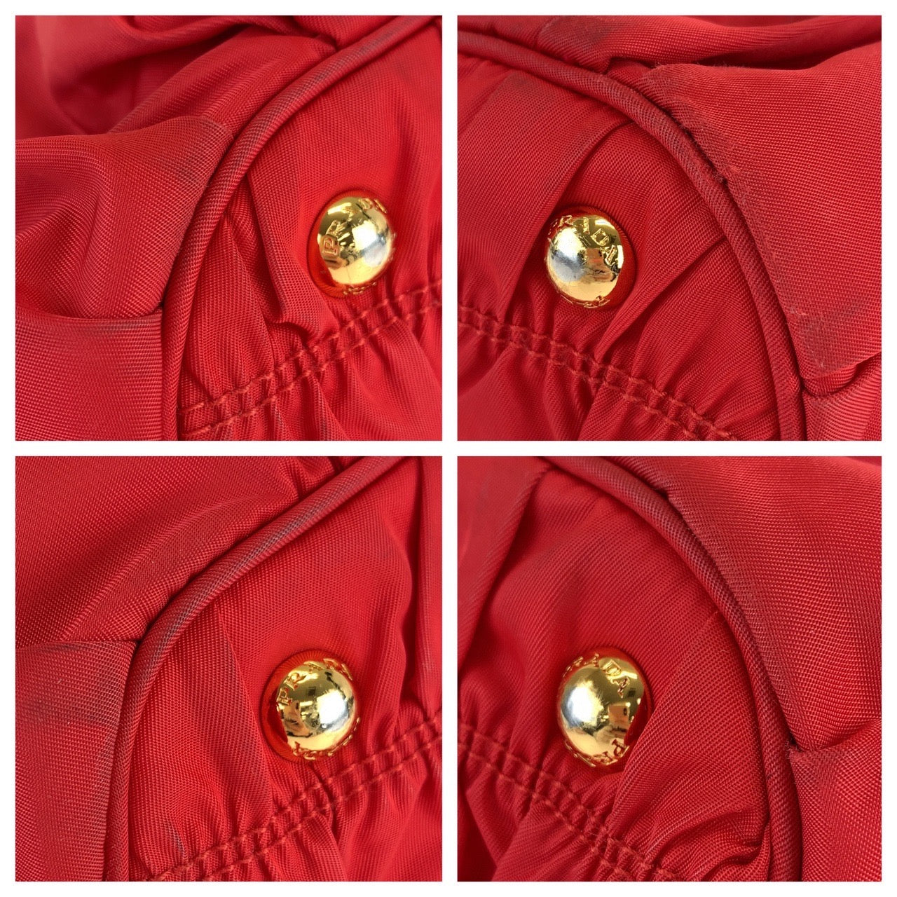 B-074
PRADA プラダ テスート ゴーフル ギャザー レッド 赤 ゴールド金具 ナイロン トートバッグ 2WAY ショルダーバッグ  レディース