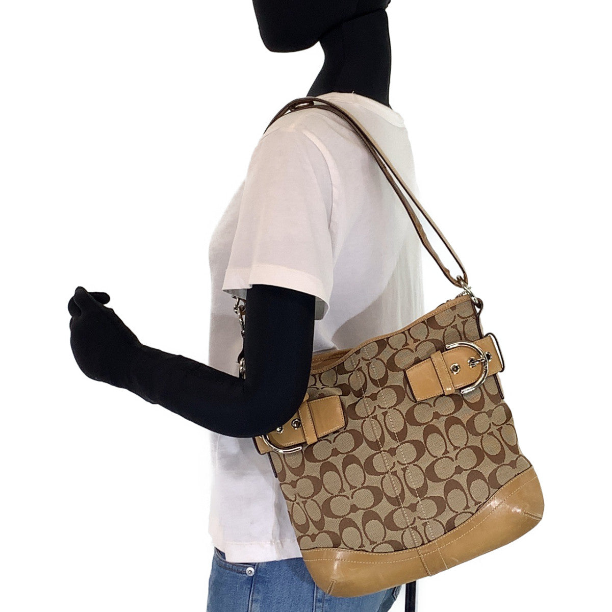 COACH コーチ シグネチャー ベージュ ブラウン 茶 シルバー金具 キャンバス / レザー ショルダーバッグ ワンショルダーバッグ  レディース
