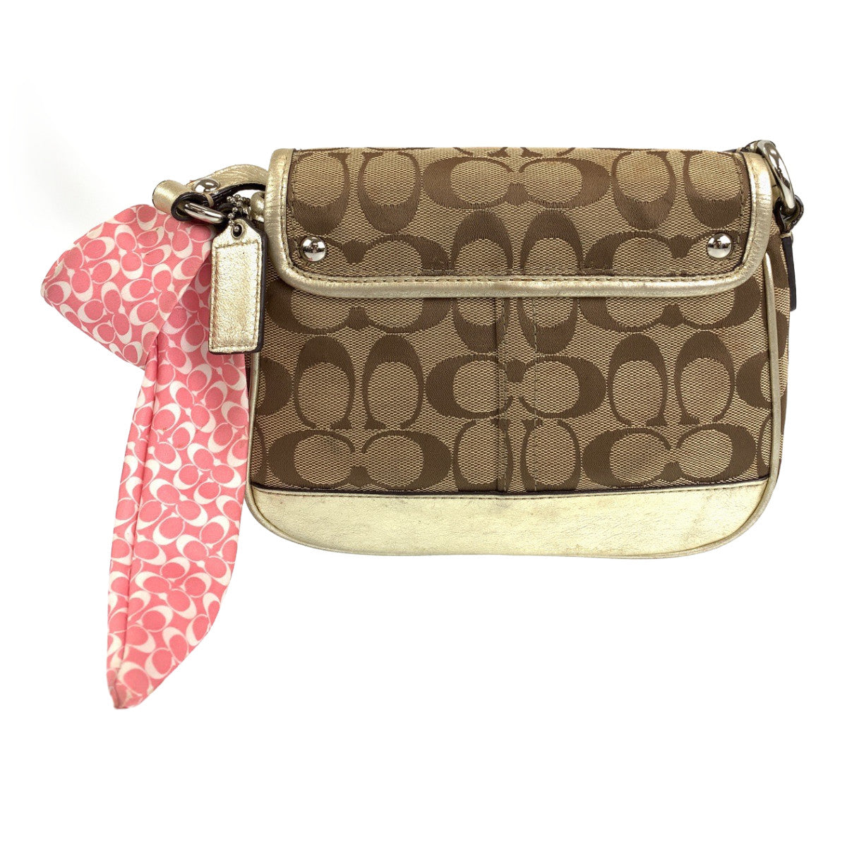 12715
COACH コーチ シグネチャー スカーフ付き ベージュ シルバー金具 キャンバス / レザー ショルダーバッグ ポシェット 斜め掛け可能  レディース