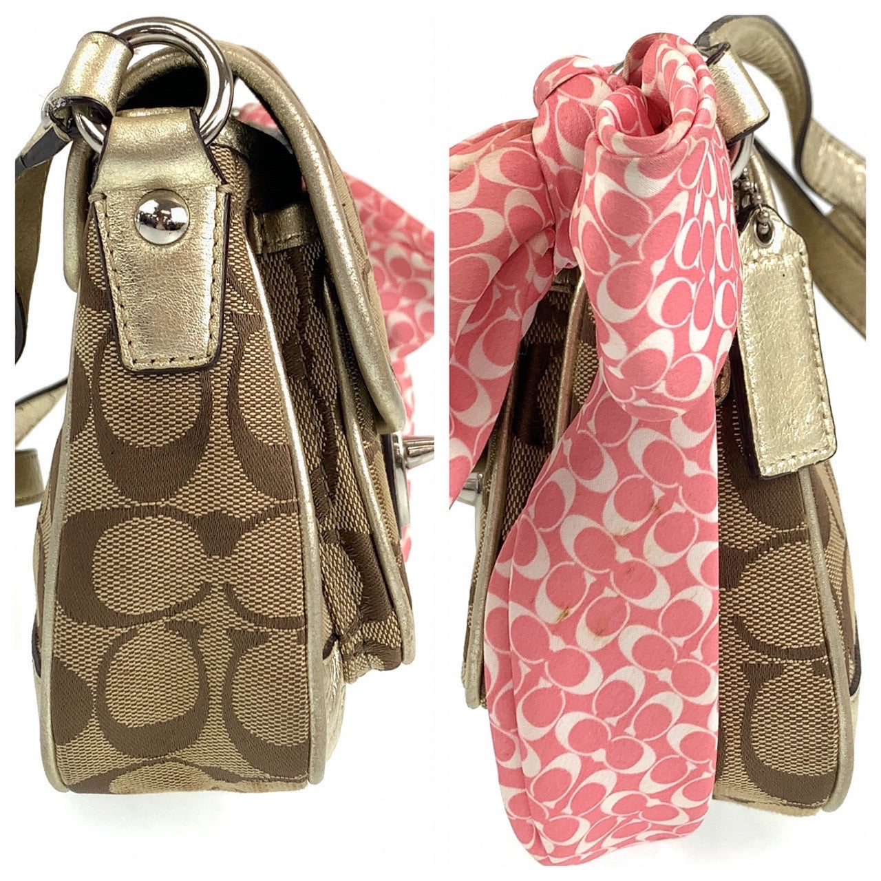 12715
COACH コーチ シグネチャー スカーフ付き ベージュ シルバー金具 キャンバス / レザー ショルダーバッグ ポシェット 斜め掛け可能  レディース