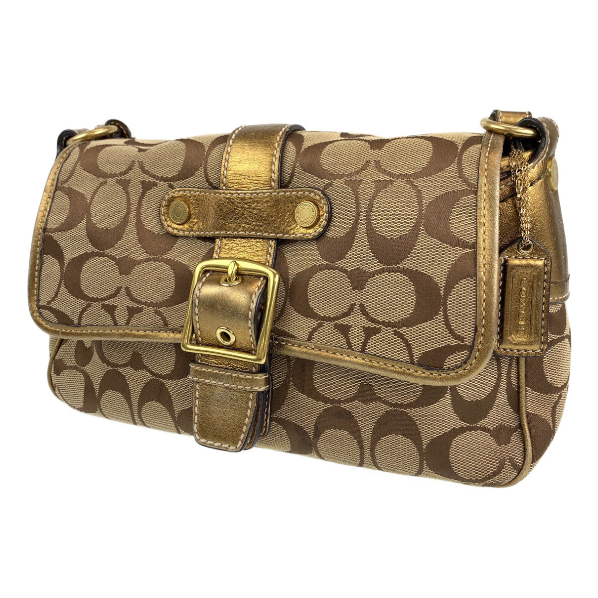 COACH コーチ シグネチャー ベージュ ブラウン 茶 ゴールド金具 キャンバス / レザー ショルダーバッグ 肩掛けショルダー  レディース