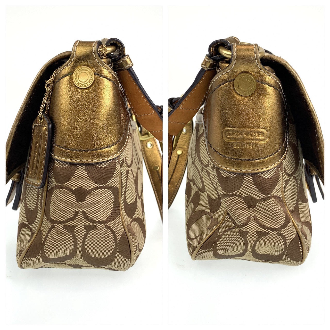 COACH コーチ シグネチャー ベージュ ブラウン 茶 ゴールド金具 キャンバス / レザー ショルダーバッグ 肩掛けショルダー  レディース