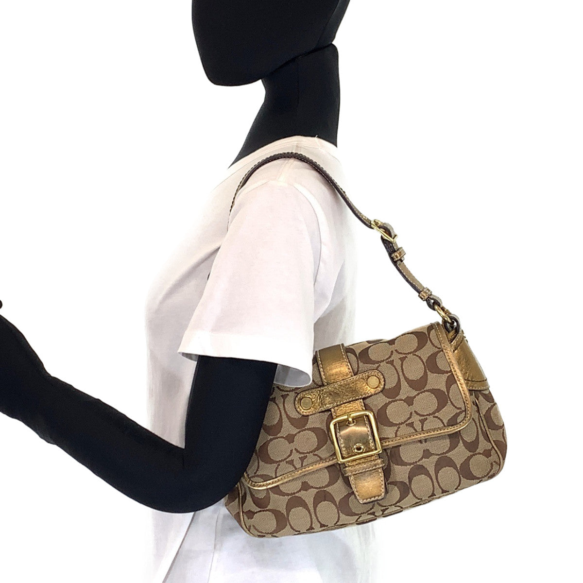 COACH コーチ シグネチャー ベージュ ブラウン 茶 ゴールド金具 キャンバス / レザー ショルダーバッグ 肩掛けショルダー  レディース