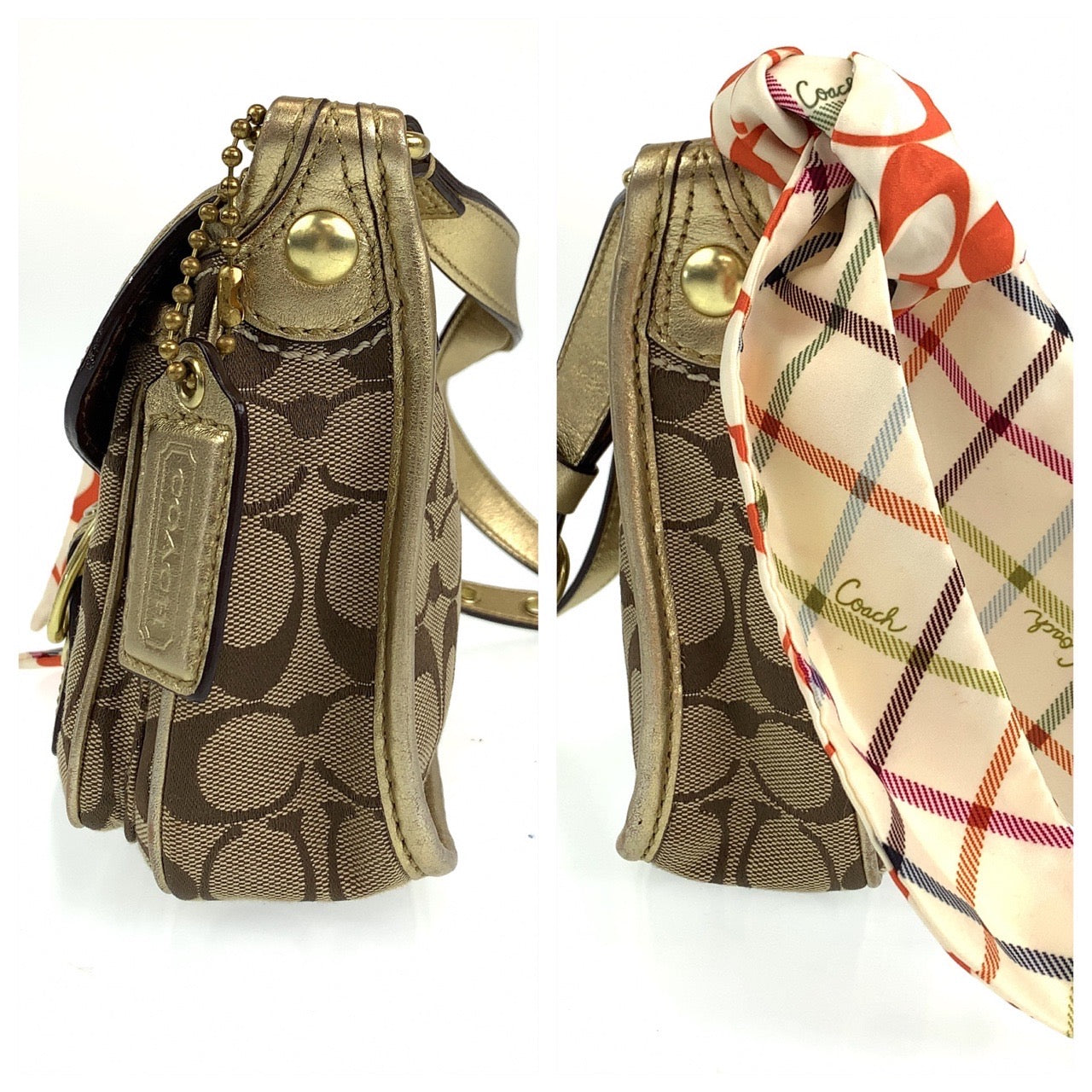 12712
COACH コーチ シグネチャー スカーフ付き ゴールド ベージュ キャンバス / レザー ショルダーバッグ ポシェット レディース ABP5