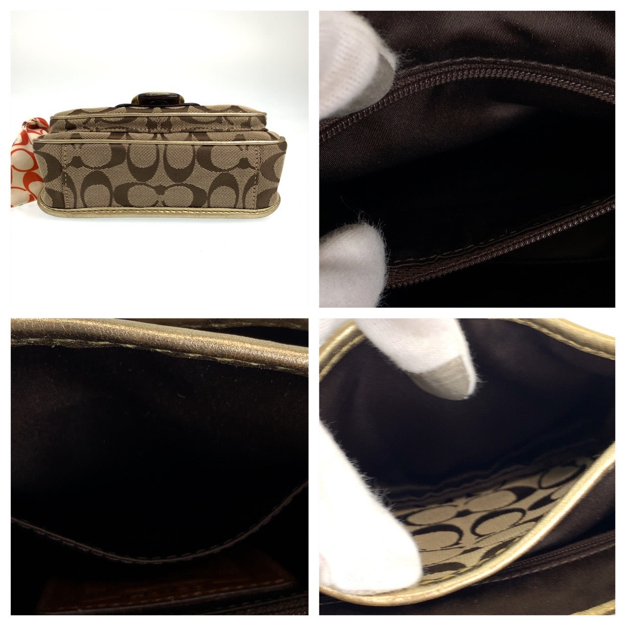 12712
COACH コーチ シグネチャー スカーフ付き ゴールド ベージュ キャンバス / レザー ショルダーバッグ ポシェット レディース ABP5