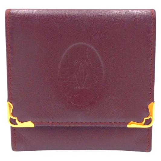 12459
 CARTIER Vintage Must Line Wine Red Bordeaux Gold Hardware Leather Coin Case Purse for Women