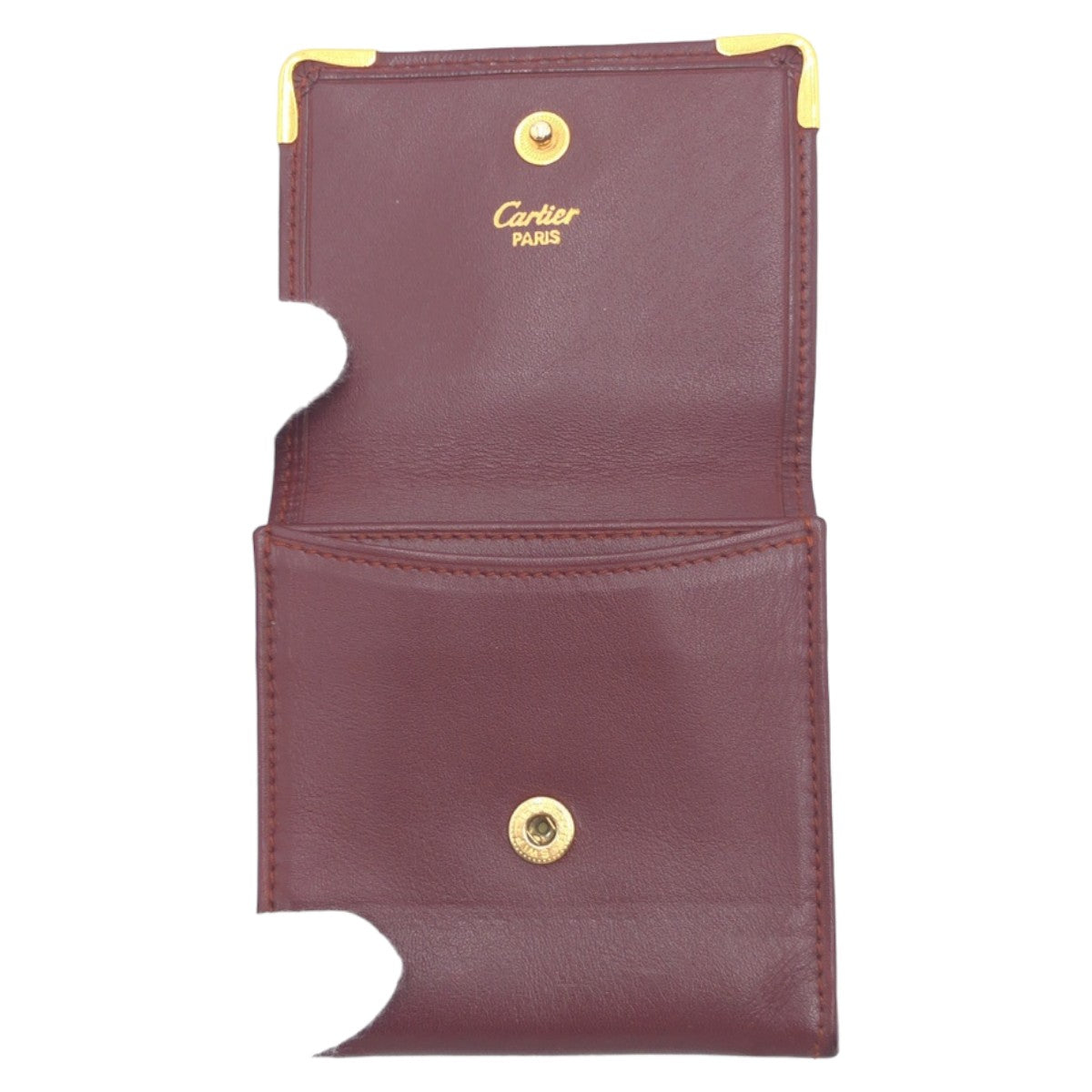 12459
 CARTIER Vintage Must Line Wine Red Bordeaux Gold Hardware Leather Coin Case Purse for Women