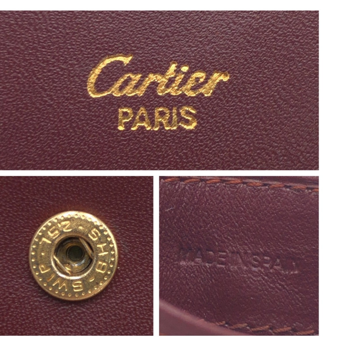 12459
 CARTIER Vintage Must Line Wine Red Bordeaux Gold Hardware Leather Coin Case Purse for Women