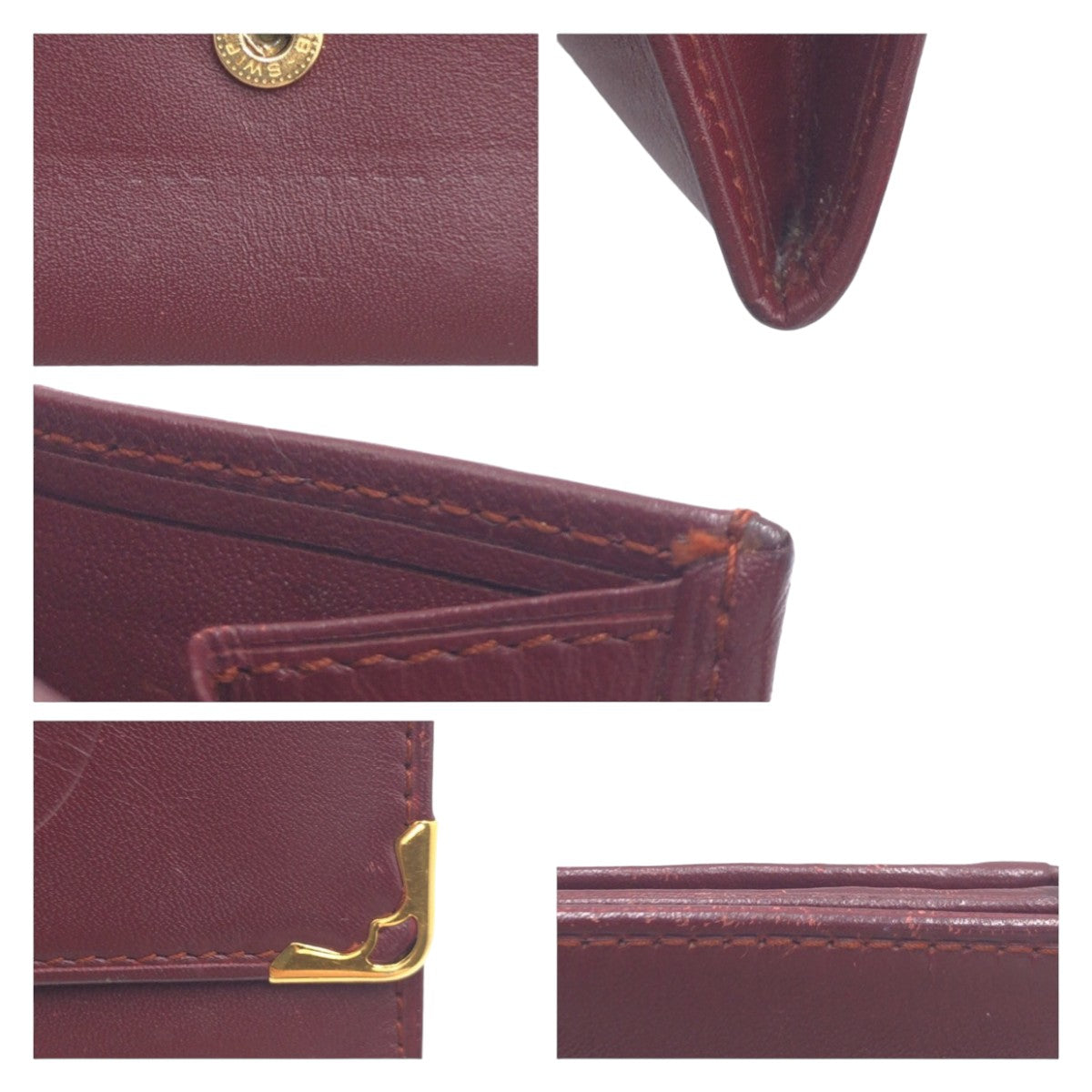 12459
 CARTIER Vintage Must Line Wine Red Bordeaux Gold Hardware Leather Coin Case Purse for Women