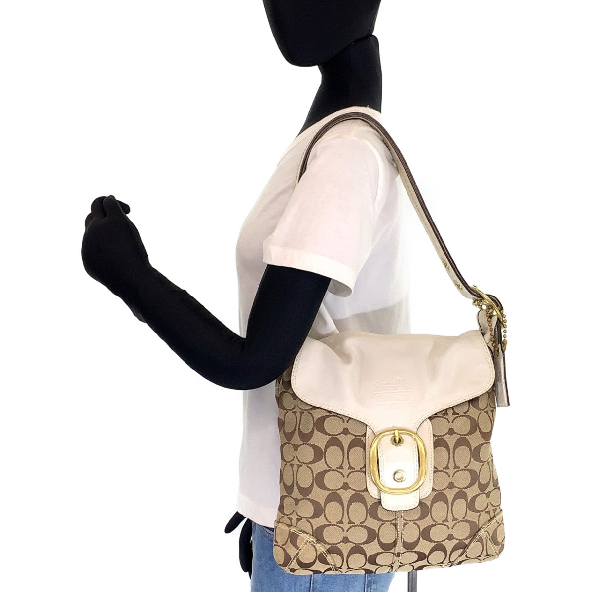 COACH コーチ シグネチャー ベージュ ホワイト 白 ゴールド金具 キャンバス / レザー ショルダーバッグ ワンショルダーバッグ  レディース