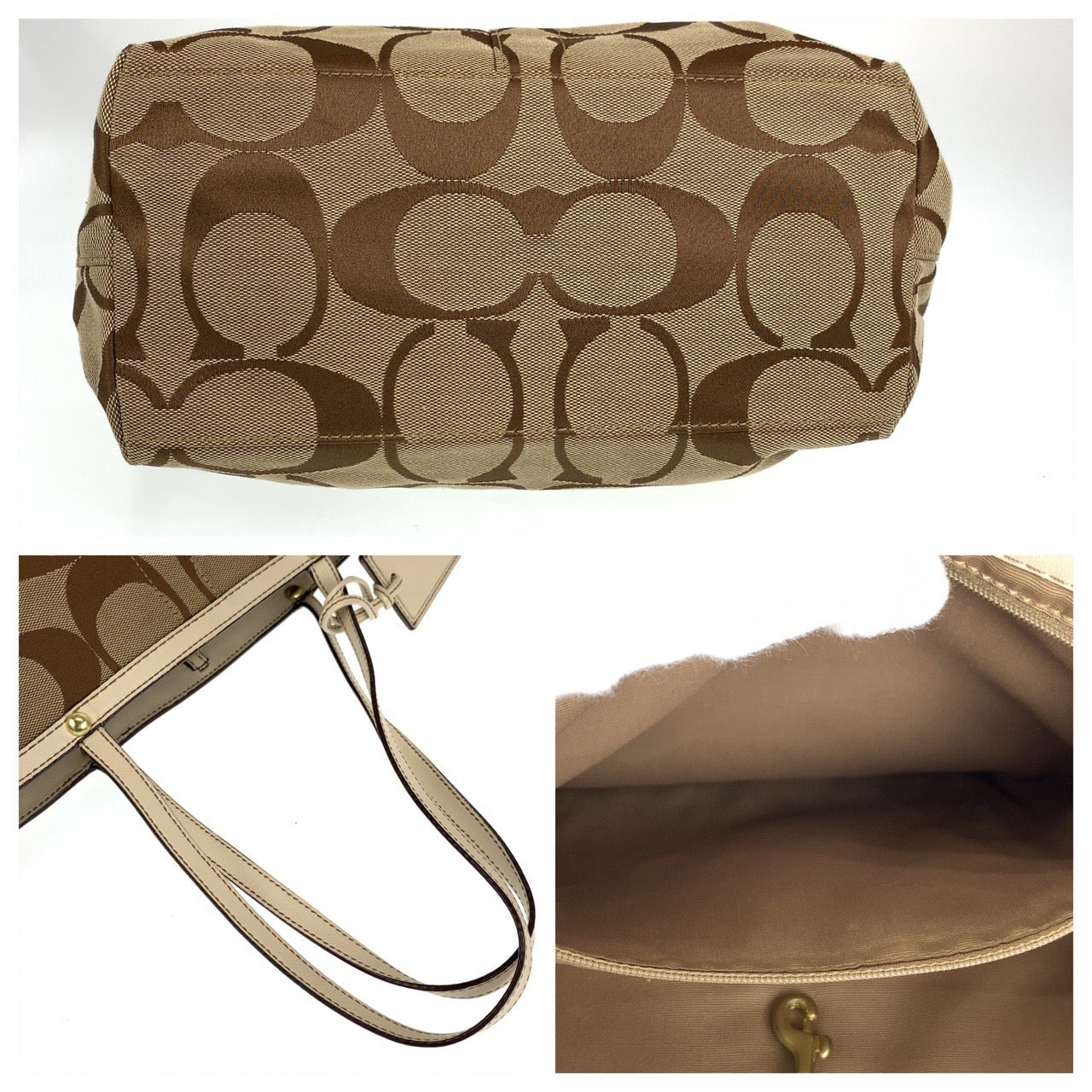 12710
COACH コーチ シグネチャー ベージュ アイボリー ゴールド金具 キャンバス / レザー トートバッグ ショルダーバッグ  レディース