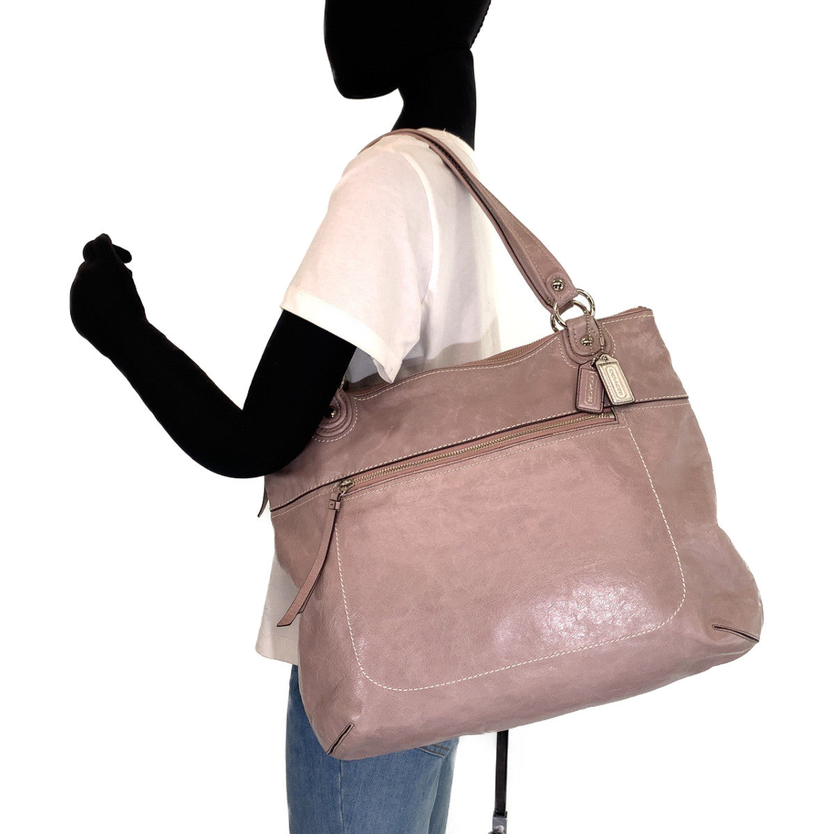 12707
COACH コーチ ピンクベージュ シルバー金具 レザー トートバッグ ショルダーバッグ  レディース