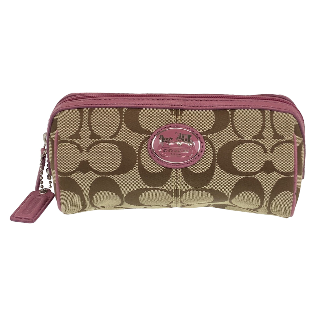 COACH コーチ シグネチャー ベージュ ピンク シルバー金具 キャンバス / レザー ポーチ アクセサリーポーチ  レディース
