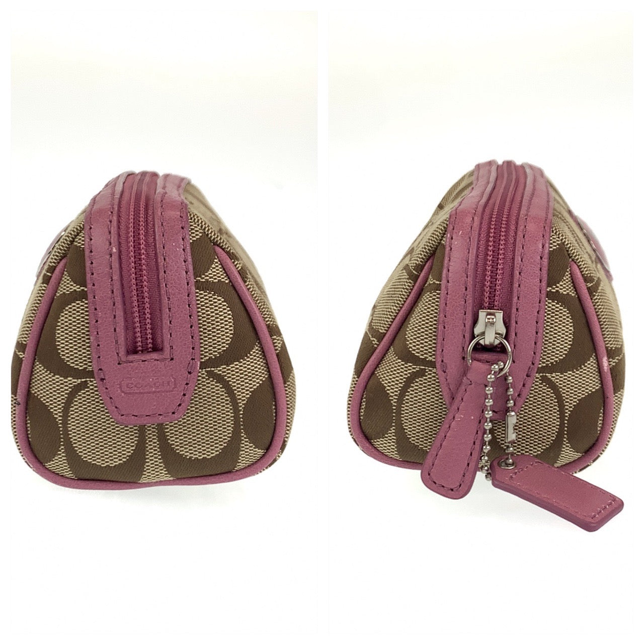 COACH コーチ シグネチャー ベージュ ピンク シルバー金具 キャンバス / レザー ポーチ アクセサリーポーチ  レディース
