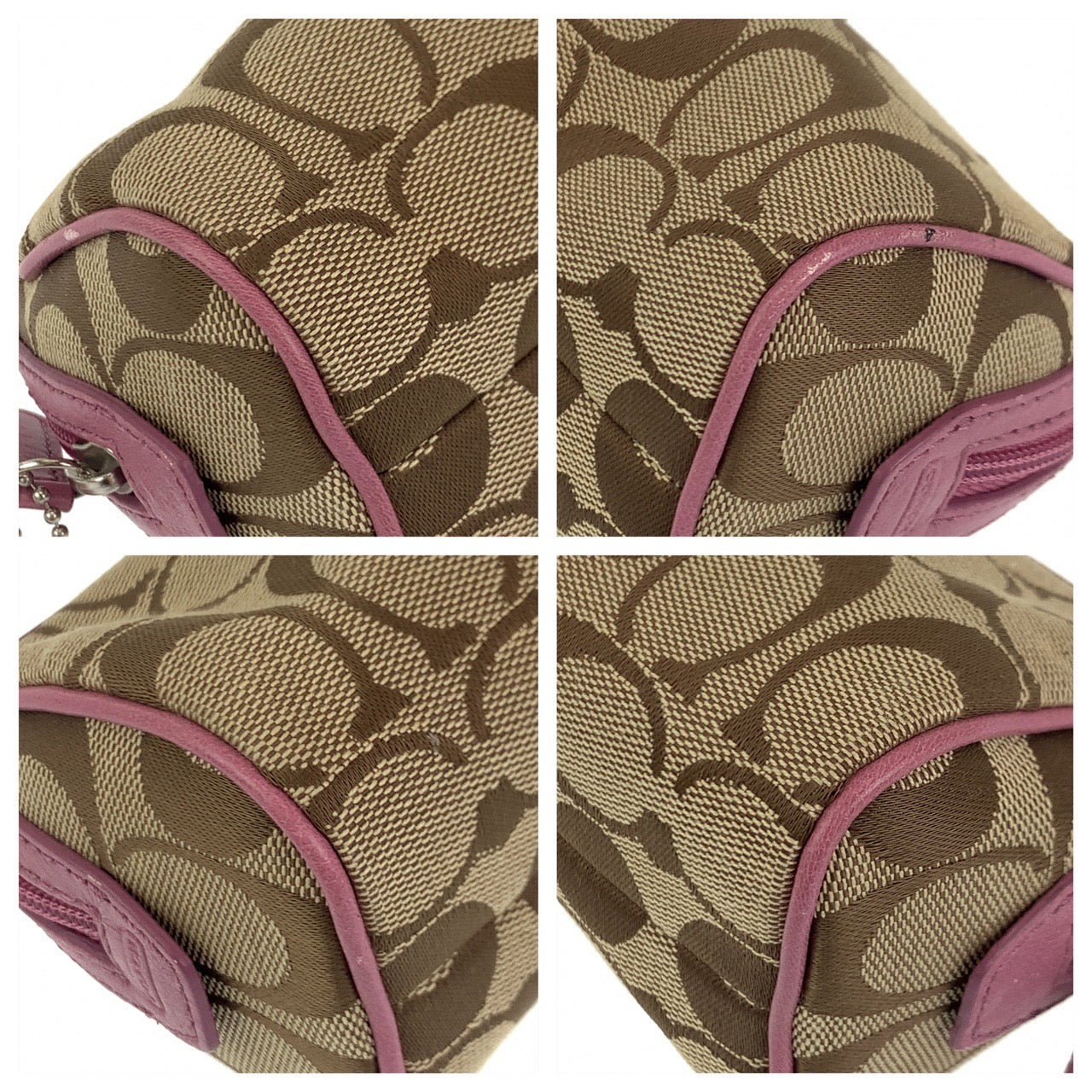 COACH コーチ シグネチャー ベージュ ピンク シルバー金具 キャンバス / レザー ポーチ アクセサリーポーチ  レディース
